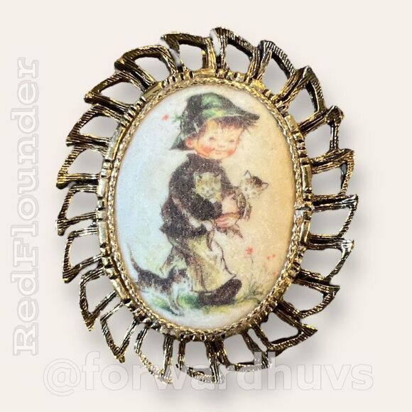 Hand-Painted MJ Hummel Style Porcelain Brooch in Bronze Oval Frame - Picture 4 of 10